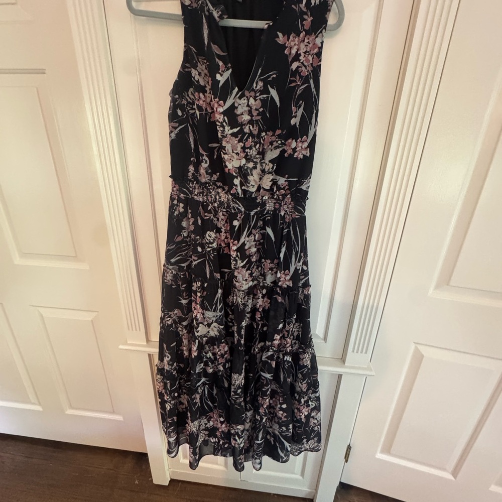 DREW Black V-Neck Floral Maxi Dress with Pink and Cream Blooms